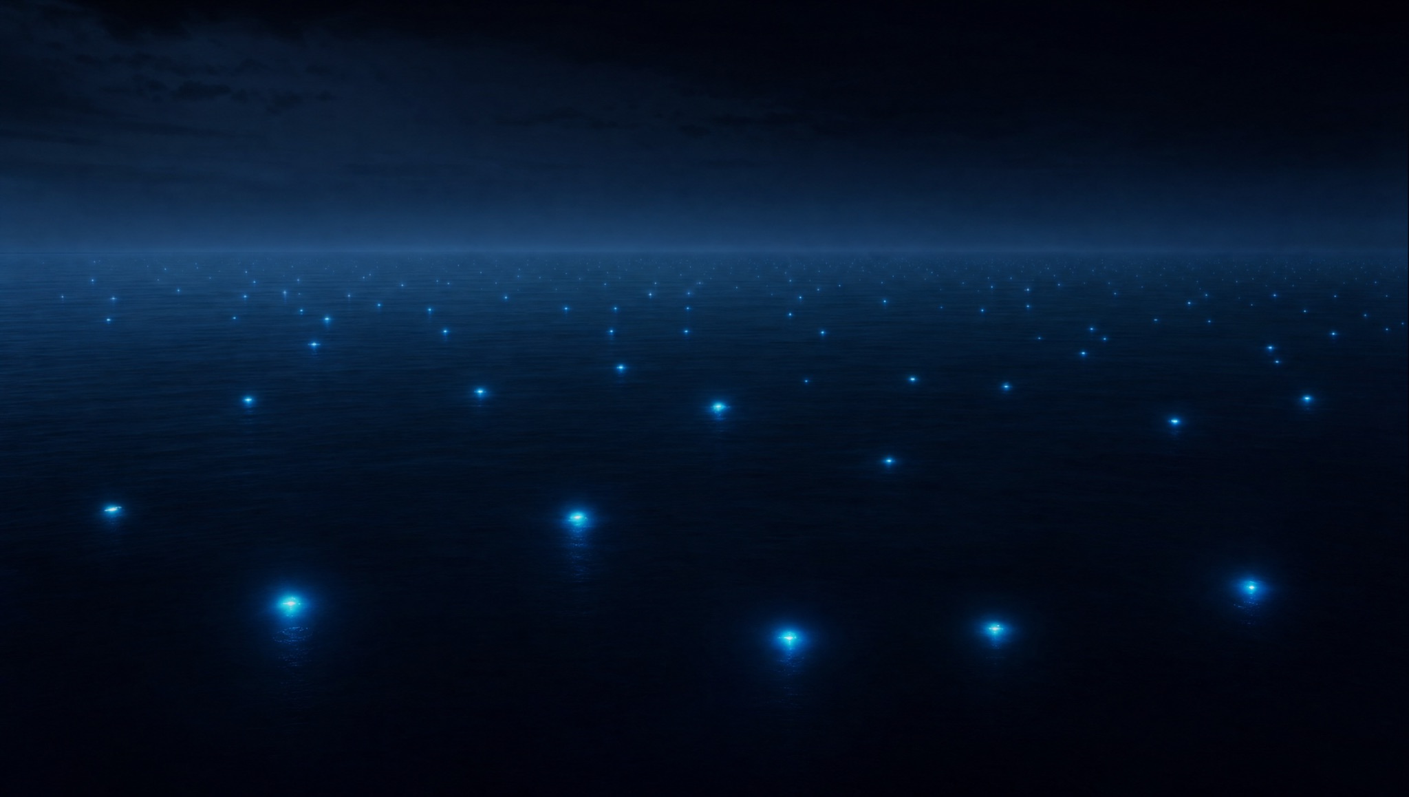 A vast calm dark ocean at night scattered with faint glowing data points